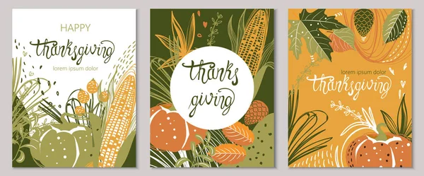 Conjunto de cartas otoñales con maíz, calabazas, hojas y ramitas. Feliz día de acción de gracias. Lugar para el texto — Archivo Imágenes Vectoriales