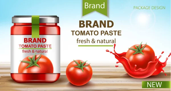 Potje met verse en natuurlijke pasta met tomaten en stromend sap in de buurt. Realistische 3D mockup productplaatsing — Stockvector