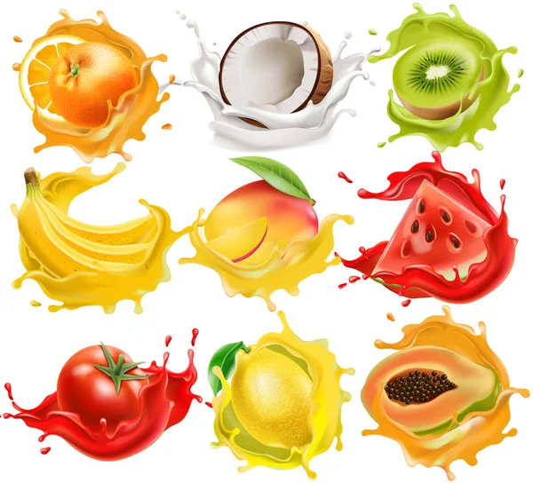 Ensemble de fruits et légumes tropicaux éclaboussant de jus, d'orange, de noix de coco, de kiwi, de banane, de mangue, de pastèque, de tomate, de citron et de papaye. Modèle 3D réaliste placement de produit — Image vectorielle