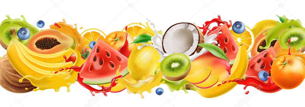 Composition of tropical fruits splashing in flowing juice, watermelon, orange, coconut, kiwi, mango, banana, blueberries. Realistic 3D mockup product placement