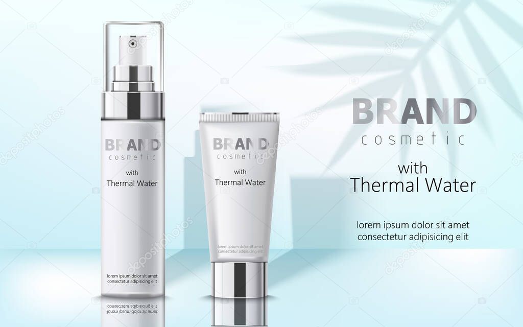 Composition of two containers with cosmetics, thermal water. Place for text. Realistic 3D mockup product placement