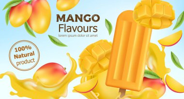 Doğal aromalı mango dondurması. Dilimlenmiş meyve ve akan meyve suyuyla çevrili. Mesaj için yer. Gerçekçi 3B model ürün yerleştirme