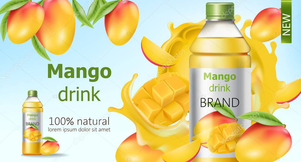 Bottle of natural mango drink surrounded by sliced and whole fruits and flowing juice. Place for text. Realistic 3D mockup product placement