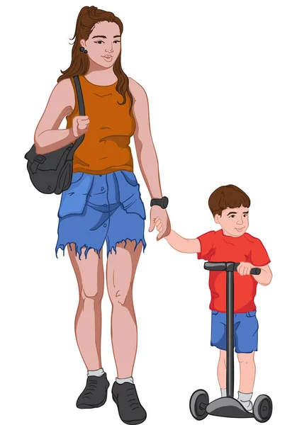 Jonge moeder in jeans rok en bruin t-shirt hand in hand met haar zoon gekleed in rood en blauw kleren terwijl hij rijdt kick scooter — Stockvector