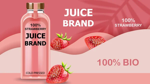 Botella de jugo BIO prensado en frío con fresas y ondas rosadas en el fondo. Realista 3D maqueta de colocación de productos — Archivo Imágenes Vectoriales