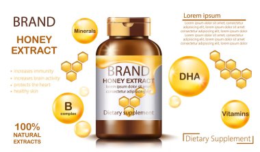 Doğal bal özlü bir şişe. Beslenme takviyesi. Bağışıklık ve beyin aktivitesini arttırır, kalbi ve sağlıklı deriyi korur. Mineraller, B kompleksi, vitaminler ve DHA içeriyor. Metin için yer