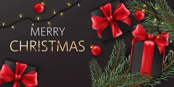 Composição de decorações de Natal, galhos de pinho e caixas de presente preto com fitas vermelhas. Colocação de produto de mockup 3D realista — Vetor de Stock