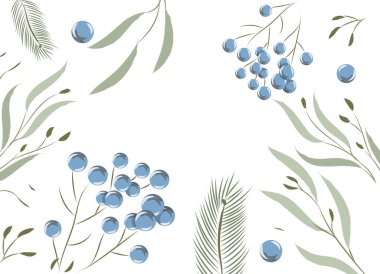 Üzerinde böğürtlen olan yaprak ve dallardan oluşan bir kompozisyon.