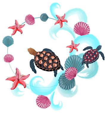 Deniz kaplumbağalarının, kabukların, deniz balıklarının ve dalgaların soyut bileşimi
