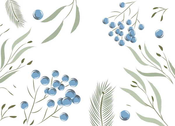Σύνθεση από φύλλα και κλαδιά με μπλε μούρα πάνω τους — Διανυσματικό Αρχείο