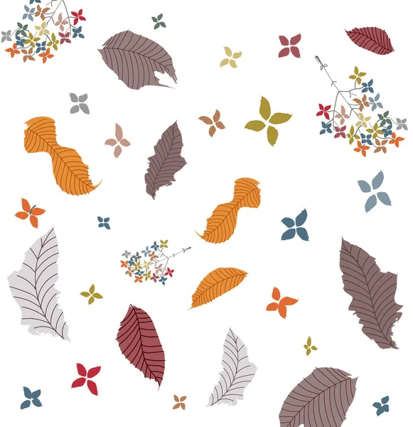 Patrón abstracto de hojas otoñales, ramitas y flores — Archivo Imágenes Vectoriales