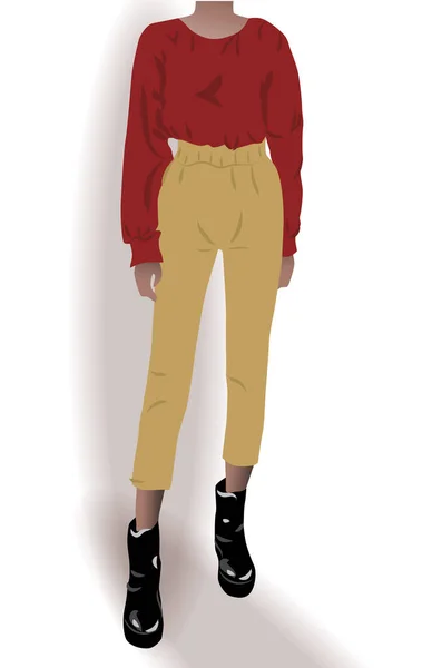 Fille habillée de chaussures noires, pantalon jaune et chemisier rouge posant — Image vectorielle