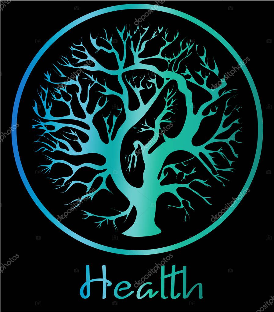 Logo design of a tree inside a circle. Reflective blue color. Vector