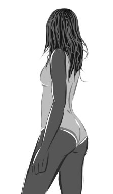 Beyaz taytlı bir kadının tek renkli kompozisyonu başka tarafa bakıyor.