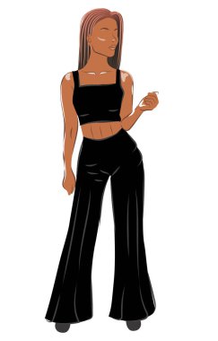 Siyah bluz, pantolon ve ayakkabı giymiş esmer kadın, poz veriyor.