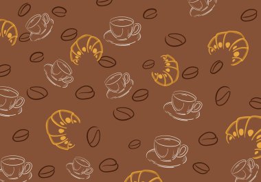 Tabaklı kahve fincanları, kruvasan ve fasulye desenli.