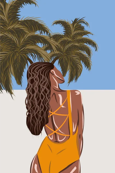 Brune bronzée en maillot de bain orange sur plage tropicale. Vue de l'arrière — Image vectorielle