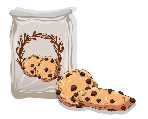 Složení dvou čokoládových sušenek v blízkosti sáčku — Stockový vektor