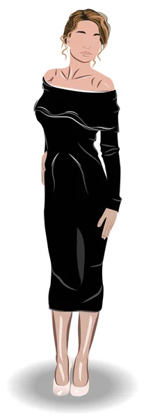 Wanita elegan dengan rambut pirang kotor dengan gaun hitam dan sepatu hak tinggi putih - Stok Vektor