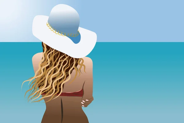 Femme blonde avec un chapeau de soleil blanc et maillots de bain rouges regardant la mer — Image vectorielle