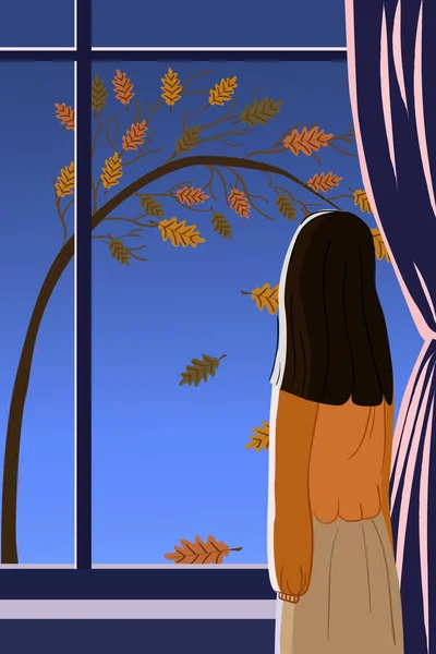 Μελαχρινή κοπέλα σε πορτοκαλί πουλόβερ και μπεζ φούστα κοιτάζοντας μέσα από το παράθυρο — Διανυσματικό Αρχείο