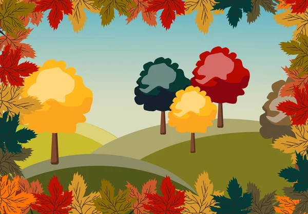 Herfst peisage van rode, groene en gele bomen omgeven door bladeren — Stockvector