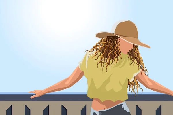 Kvinna i solhatt, gul beskärd t-shirt och jeans poserar på balkongen — Stock vektor