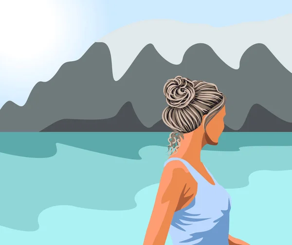 Femme aux cheveux gris en débardeur bleu regardant le lac et les montagnes — Image vectorielle