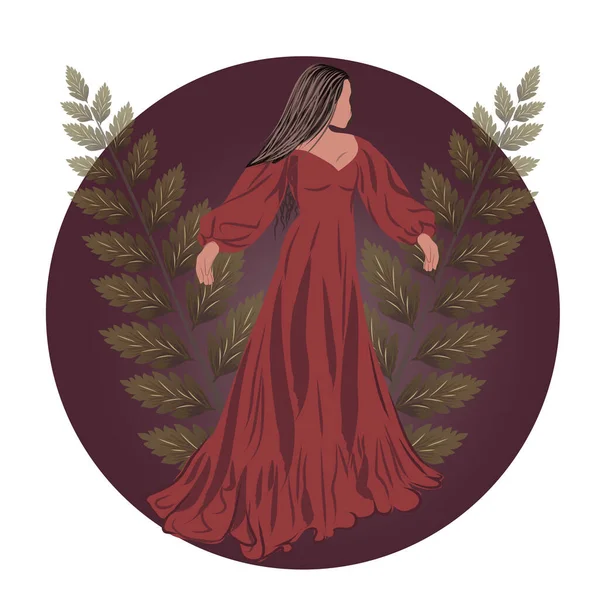 Brunett i röd klänning med två kvistar och en vinröd cirkel bakom sig — Stock vektor