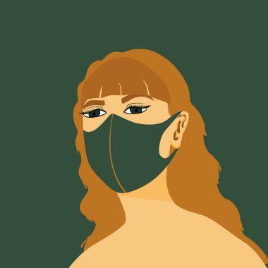Yeşil gözlü, maske takan esmer kadın.