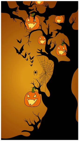 Composición de Halloween de un árbol cubierto de Jack-o-linternas, arañas, telaraña y murciélagos volando por — Vector de stock