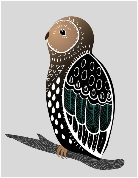 Composition of an abstract owl staying on a branch — Stock Vector