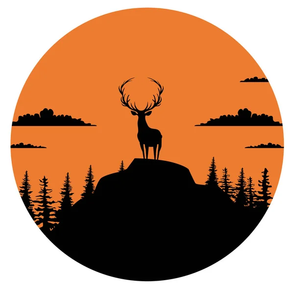 Composition of a circle an with elk staying on the top of the mountain with the forest and clouds behind him — Stock Vector