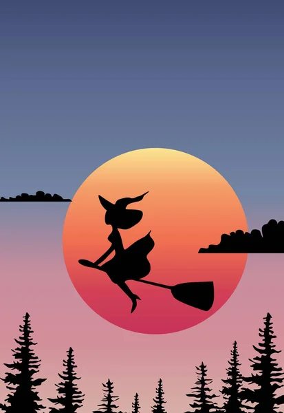 Composition of a witch flying on the broom in front of the rising sun — Stock Vector