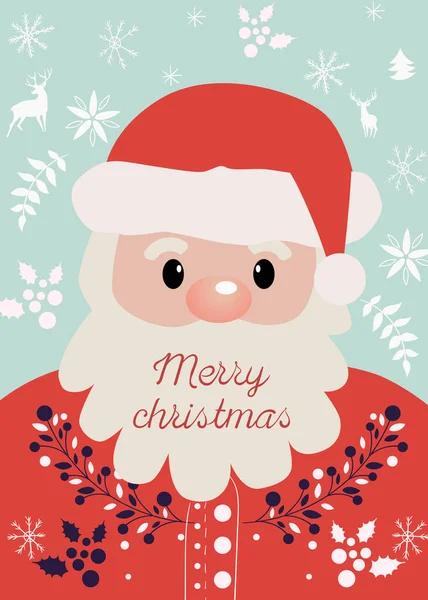Composição de Papai Noel com Feliz Natal escreveu em sua barba. Decorações temáticas de Ano Novo, galhos, bagas, alces e flocos de neve — Vetor de Stock