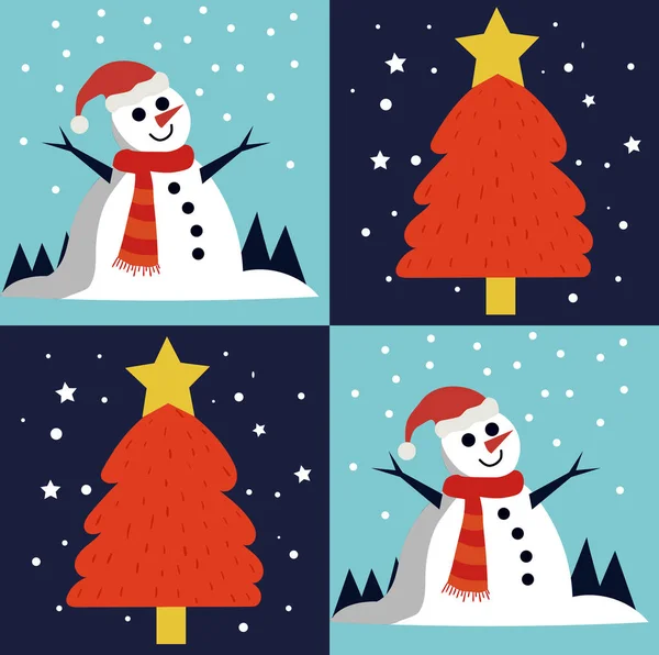 Weihnachtsmuster mit glücklichem Schneemann und einer Tanne mit einem Stern an der Spitze — Stockvektor