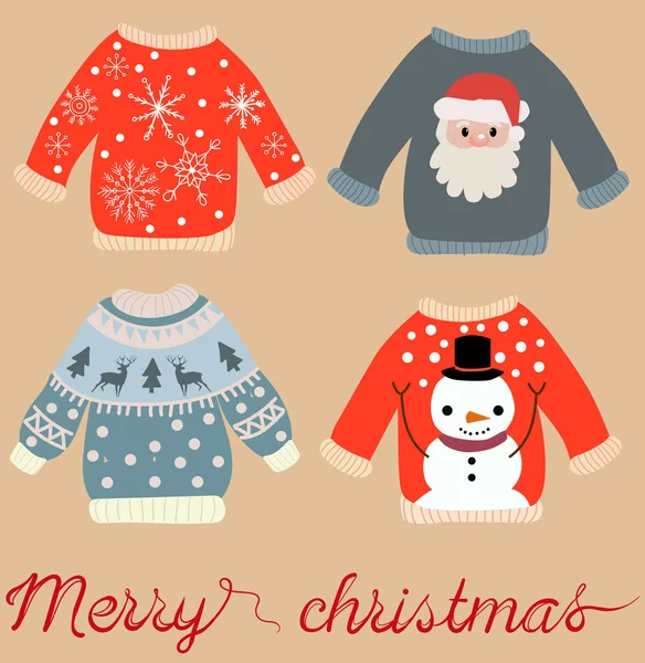 Feriado tema padrão de camisolas de Natal com Papai Noel, boneco de neve, flocos de neve e alces. Vetor — Vetor de Stock