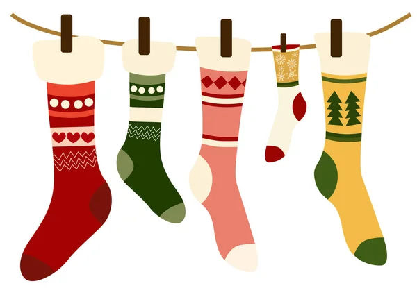 Composición de calcetines con temática navideña de lana colgados con pinza de tela en un alambre — Vector de stock