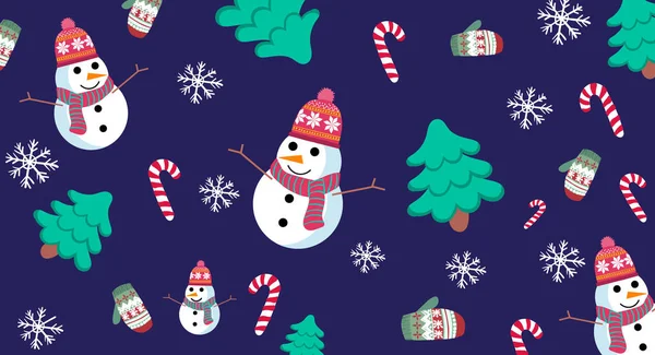 Patrón temático navideño con muñeco de nieve, pinos, copos de nieve, guantes y bastones de caramelo — Vector de stock