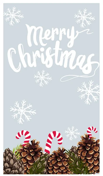 Cartão temático de Natal com flocos de neve, cones de pinho, galhos e bengalas de doces — Vetor de Stock
