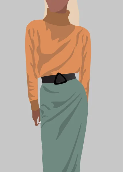 Femme blonde vêtue d'un pull orange et d'une jupe verte — Image vectorielle