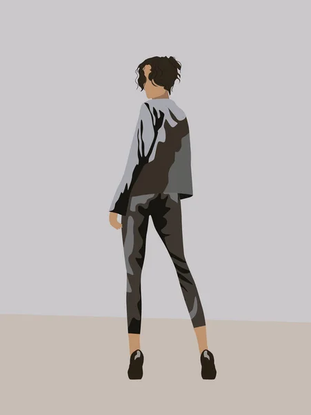 Vue de dos d'une femme aux cheveux noirs vêtue d'un costume gris et talons hauts noirs regardant en arrière — Image vectorielle