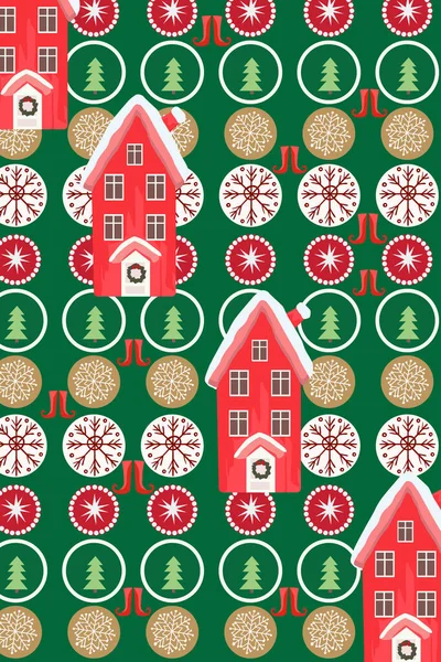 Weihnachtliches Muster aus Häusern, Kiefern, Plätzchen, Schneeflocken und Stiefeln — Stockvektor