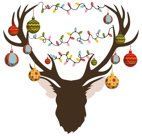 Cabeza de alce temática navideña decorada con bolas y guirnalda — Vector de stock