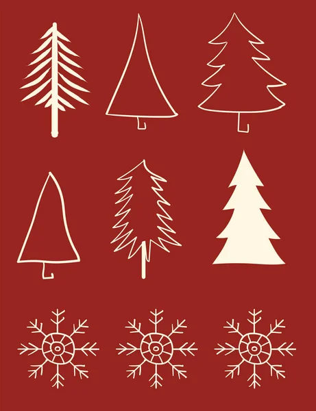 Varios copos de nieve y formas de árbol de Navidad sobre fondo rojo — Vector de stock