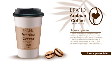 Kahve fincanı ve fasulye vektörü gerçekçi bir model. Ürün yerleştirme etiketi tasarımları