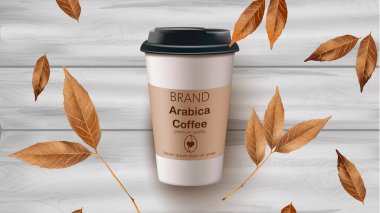 Kahve fincanı ve vektör gerçekçi maket bırakır. Ürün yerleştirme etiketi tasarımı. Ahşap arka planlar