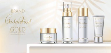 Kozmetik, vektör gerçekçiliğini belirledi. Ürün paketi. Nemlendirici tüp kapları. Krem şişeleri altın etiketler tasarlıyor