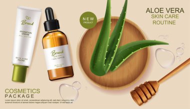 Aloe Vera kozmetik vektörü gerçekçi. Serum ve krem ürünleri şişeleri taklit eder. Paketleme tasarımı etiket losyonları