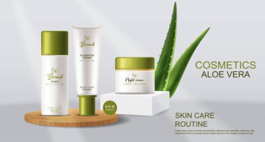 Aloe Vera kozmetik vektörü gerçekçi. Krema ürünleri şişeleri taklit eder. Paketleme tasarımı etiket losyonları